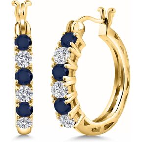 Gem Stone King 18K Yellow Gold Plated Silver Blue Sapphire and Lab Grown Diamond Hoop Earrings for Women | 1.56 Cttw | Gemstone September Birthstone | Round 3MM in Saudi Arabia