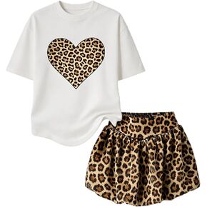 الفتيات ملابس 2 قطعة الصيف Shired تنورة مجموعات ليوبارد طباعة فقاعة تنورة القلب قميص مطبوع مجموعة حجم 6-14 سنة in Kuwait