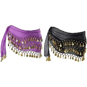 2 Pieces Belly Dance Hip Scarf, Belly Dancing Skirt with 128 Gold Coins, Belly Dance Hip Skirt, Belly Dancing Skirt Hip Scarves, for Belly Dance Yoga Class, Women (Black, Purple) in Saudi Arabia