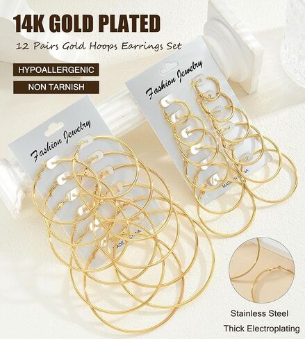 12 زوجًا من الأقراط الدائرية الذهبية للنساء، مجموعة أقراط دائرية كبيرة وخفيفة الوزن مطلية بالذهب عيار 14 قيراط، مجموعة أقراط دائرية صغيرة لا تسبب الحساسية in Kuwait