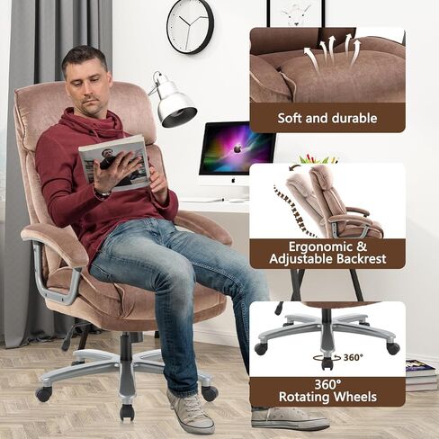 كرسي مكتب تنفيذي كبير وطويل من CLATINA، مقعد عريض للغاية، كرسي مكتب من القماش المريح عالي التحمل بسعة 800 رطل مع عجلات ومساند للذراعين مبطنة، كرسي مهام كمبيوتر من القماش عالي الظهر، بني in Kuwait