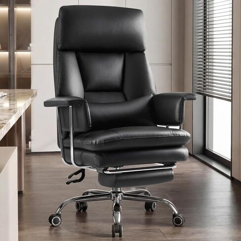 كرسي مكتب كبير وطويل مع مسند للقدمين، كرسي مكتب تنفيذي عالي الظهر من جلد البولي يوريثان مع دعم قطني قابل للتعديل، كرسي ألعاب دوار 360 درجة مع ذراع مبطن ووسادة، 400 رطل، أسود in Kuwait