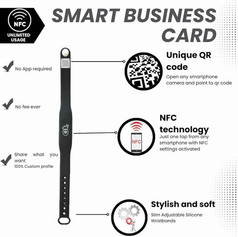 A-TAP NFC Smart Business Card Wristband with QR Code, Waterproof Silicone Bracelet, Black, Adjustable, Tap to Share Contact Info, Works with iPhone and Android in Saudi Arabia