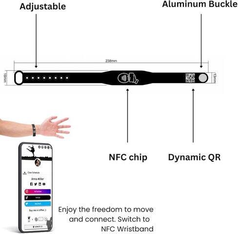 A-TAP NFC Smart Business Card Wristband with QR Code, Waterproof Silicone Bracelet, Black, Adjustable, Tap to Share Contact Info, Works with iPhone and Android in Saudi Arabia