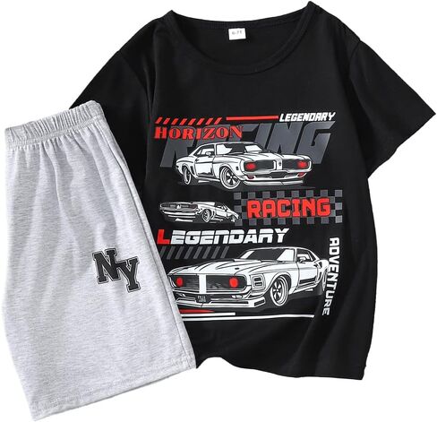 Boys Clothes 2-Piece Summer Outfit Car Print T-Shirt & Letter Print Shorts for Kids Clothing Set 6-12Y in Kuwait