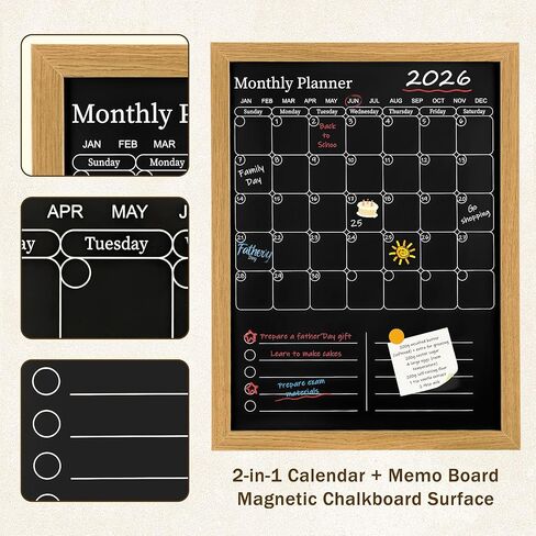 Magnetic Chalkboard Calendar for Wall – 17x13 Monthly Dry Erase Planner with Natural Wood Frame, 2-in-1 Vertical Memo & to-Do Board in Saudi Arabia