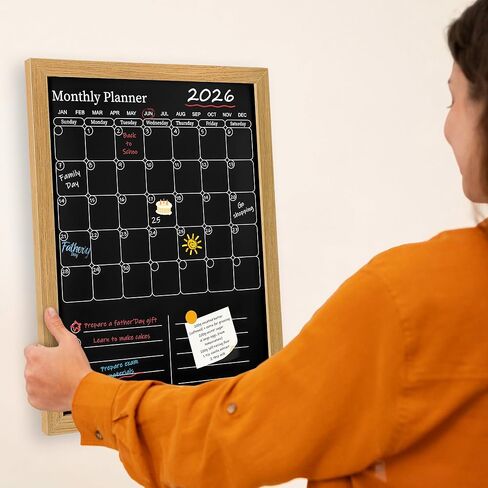 Magnetic Chalkboard Calendar for Wall – 17x13 Monthly Dry Erase Planner with Natural Wood Frame, 2-in-1 Vertical Memo & to-Do Board in Saudi Arabia