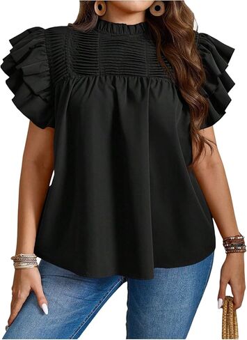 Floerns Women's Plus Size Frill Trim Mock Neck Blouse Summer Tiered Ruffle Short Sleeve Casual Shirts in Saudi Arabia