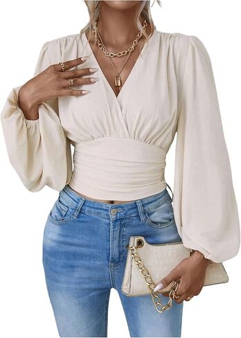 MakeMeChic Women's Wrap Top V Neck Lantern Sleeve Pleated Casual Blouse Top Spring in Saudi Arabia
