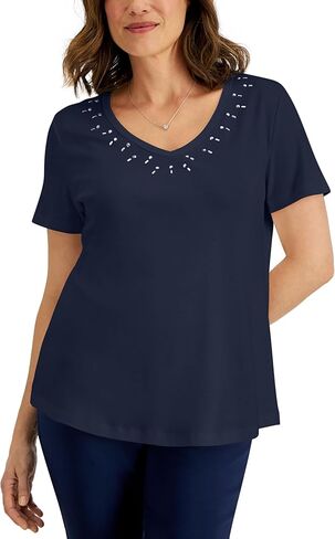 Karen S Womens Cotton Studded V Neck Top in Kuwait