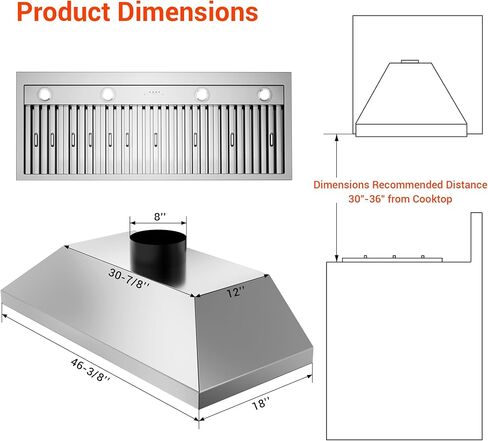 48 Inch Ducted Range Hood Insert,1150CFM Built-in Kitchen Vent Hood with 4-Speed Exhaust Fan&LED Light,Stainless Steel in Kuwait