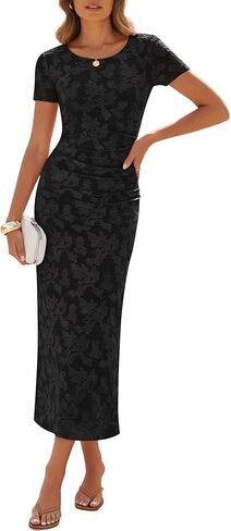 ZESICA Women's 2026 Summer Floral Bodycon Dress Short Sleeve Ruched Mesh Wedding Guest Cocktail Party Midi Dresses in Saudi Arabia
