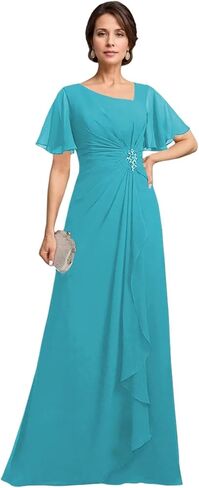 Monvelli Asymmetrical Neck Beading Mother of The Bride Dresses Long Ruffle Chiffon Formal Evening Gowns with Pockets in Saudi Arabia