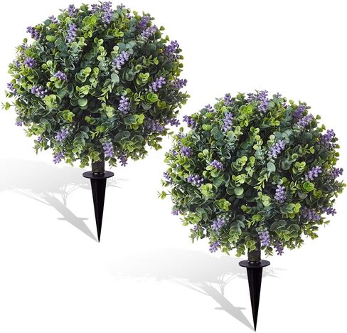 Yunlly 2 Set Artificial Boxwood Topiary Ball Tree with Flower, 23.6 UV Resistant No Fade Outdoor Faux Plant Bushes with Ground Spike Faux Greenery Shrub for Garden Porch Yard Patio Decor(Purple) in Saudi Arabia