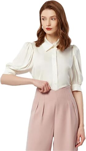 Women Silk Lapel Chic Shirt Puff Sleeve Button Blouses Solid Office Lady Casual Shirts in Saudi Arabia