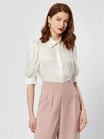 Women Silk Lapel Chic Shirt Puff Sleeve Button Blouses Solid Office Lady Casual Shirts in Saudi Arabia