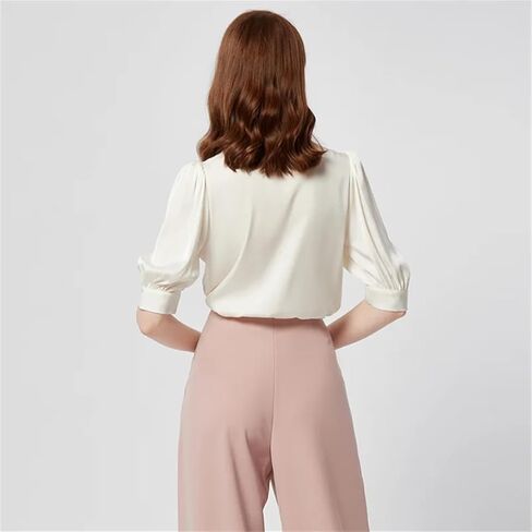 Women Silk Lapel Chic Shirt Puff Sleeve Button Blouses Solid Office Lady Casual Shirts in Saudi Arabia