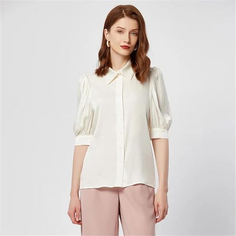 Women Silk Lapel Chic Shirt Puff Sleeve Button Blouses Solid Office Lady Casual Shirts in Saudi Arabia
