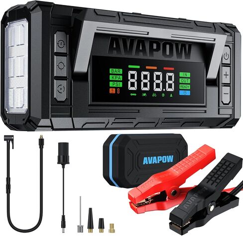 AVAPOW Jump Starter مع ضاغط هواء، 5000A 150PSI لبطارية السيارة المحمولة مع شاشة HD 4 بوصة، صندوق قفز 12 فولت ومعزز البطارية (8 لتر غاز/8 لتر ديزل) مع منفاخ إطارات للإغلاق التلقائي in Kuwait
