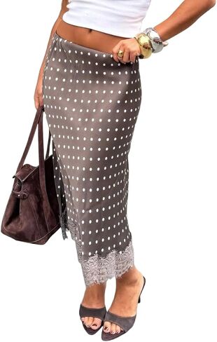 Satin Lace Long Polka Dot Skirt for Women Lace Trim Silk Midi Skirt Vintage Elegant Flowy Pencil Long Skirts in Saudi Arabia