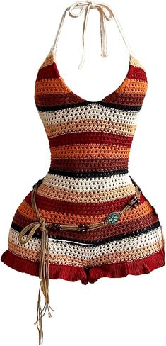 Floerns Women's Striped Ruffle Trim Short Romper Summer Tie Back Sleeveless Crochet Halter Jumpsuit in Saudi Arabia