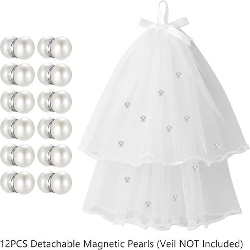 MIXJOY 12 Pack Magnetic Pearls Set - Strong Magnet Imitation Pearl Decorations for Wedding Veil, Hats, Shoes, and Bags, Magnet-Back White Round Pearls DIY Apparel Decor for Bride Sisters Friends in Kuwait