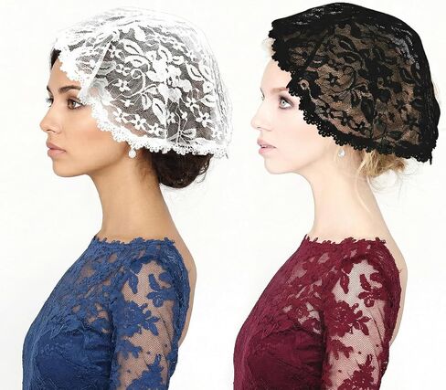 2 Pcs Chapel Veils, Lace Veil Round Head Coverings for Women, Black & White Polyester Mantilla, Rose Pattern(2) in Kuwait