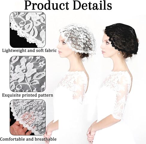 2 Pcs Chapel Veils, Lace Veil Round Head Coverings for Women, Black & White Polyester Mantilla, Rose Pattern(2) in Kuwait