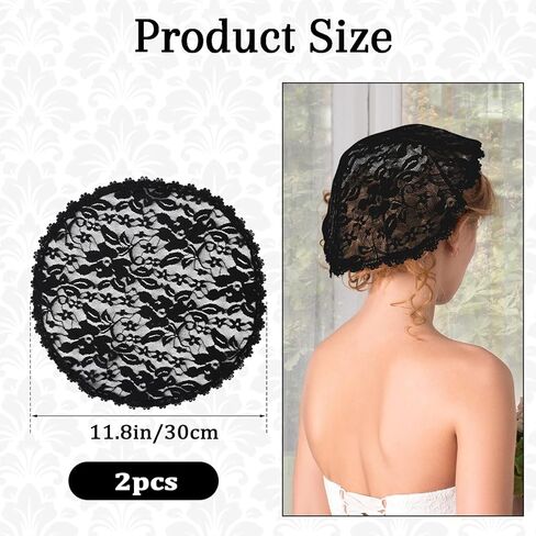 2 Pcs Chapel Veils, Lace Veil Round Head Coverings for Women, Black & White Polyester Mantilla, Rose Pattern(2) in Kuwait