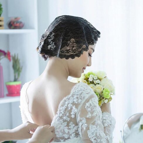 2 Pcs Chapel Veils, Lace Veil Round Head Coverings for Women, Black & White Polyester Mantilla, Rose Pattern(2) in Kuwait