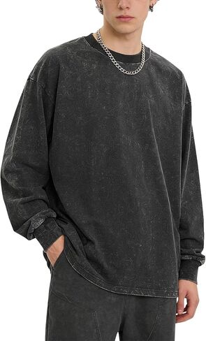 Oversized T-Shirts for Men Crewneck Long Sleeve Cotton Tees Vintage Acid Boxy Basic Teen Tops in Saudi Arabia