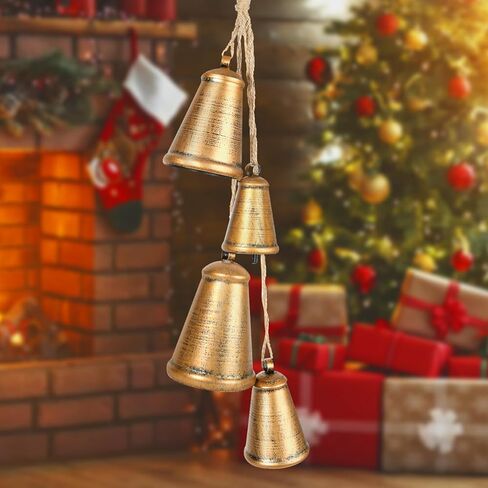 أجراس عيد الميلاد للزينة، مجموعة من 4 أجراس عيد الميلاد الذهبية الصدأ ديكور كبير ريفي خمر عيد الميلاد النحاس أجراس البقرة لشجرة عيد الميلاد مقبض الباب إكليل الدرج زينة عيد الميلاد in Kuwait