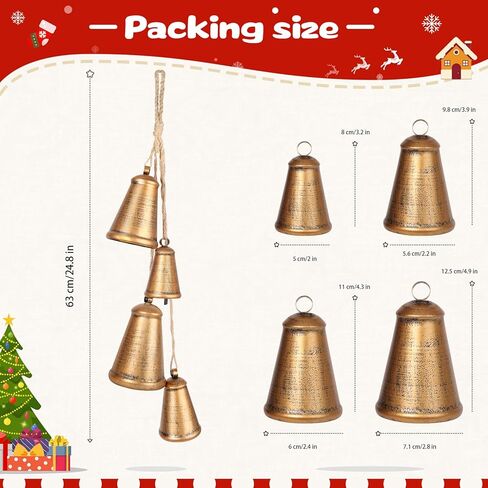 أجراس عيد الميلاد للزينة، مجموعة من 4 أجراس عيد الميلاد الذهبية الصدأ ديكور كبير ريفي خمر عيد الميلاد النحاس أجراس البقرة لشجرة عيد الميلاد مقبض الباب إكليل الدرج زينة عيد الميلاد in Kuwait