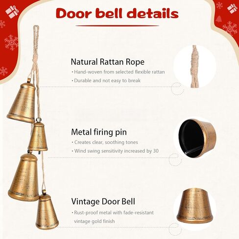 أجراس عيد الميلاد للزينة، مجموعة من 4 أجراس عيد الميلاد الذهبية الصدأ ديكور كبير ريفي خمر عيد الميلاد النحاس أجراس البقرة لشجرة عيد الميلاد مقبض الباب إكليل الدرج زينة عيد الميلاد in Kuwait