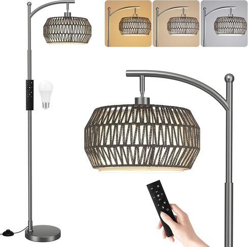 مصباح أرضي من Ambimall Arc لغرفة المعيشة مع جهاز تحكم عن بعد، مصباح بوهو قائم مع ظلال من الروطان والكتان، درجة حرارة اللون ومصباح قابل للتعتيم، مصباح طويل في المزرعة لغرفة النوم، المكتب (أسود) in Kuwait