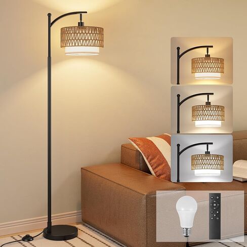 Ambimall Arc Floor Lamp for Living Room with Remote, Boho Standing Lamp with Rattan & Linen Shades, Color Temperature & Dimmable Bulb, Farmhouse Tall lamp for Bedroom, Office(Black) in Kuwait