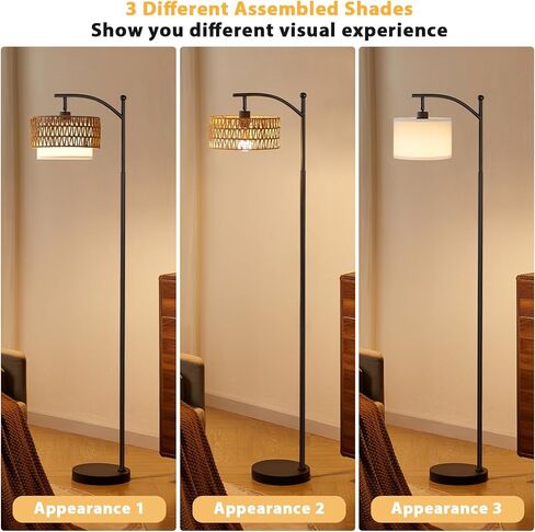 Ambimall Arc Floor Lamp for Living Room with Remote, Boho Standing Lamp with Rattan & Linen Shades, Color Temperature & Dimmable Bulb, Farmhouse Tall lamp for Bedroom, Office(Black) in Kuwait