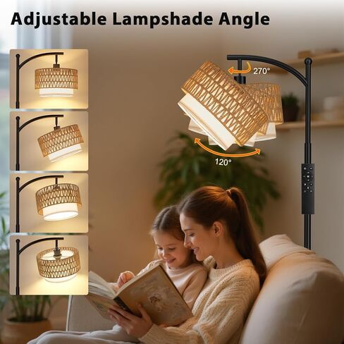 Ambimall Arc Floor Lamp for Living Room with Remote, Boho Standing Lamp with Rattan & Linen Shades, Color Temperature & Dimmable Bulb, Farmhouse Tall lamp for Bedroom, Office(Black) in Kuwait