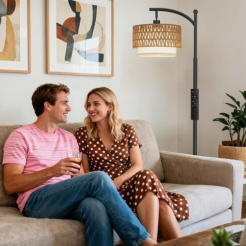 Ambimall Arc Floor Lamp for Living Room with Remote, Boho Standing Lamp with Rattan & Linen Shades, Color Temperature & Dimmable Bulb, Farmhouse Tall lamp for Bedroom, Office(Black) in Kuwait