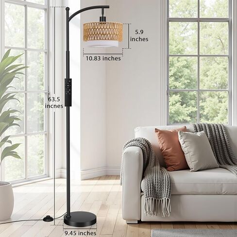 Ambimall Arc Floor Lamp for Living Room with Remote, Boho Standing Lamp with Rattan & Linen Shades, Color Temperature & Dimmable Bulb, Farmhouse Tall lamp for Bedroom, Office(Black) in Kuwait