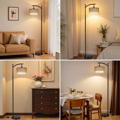 Ambimall Arc Floor Lamp for Living Room with Remote, Boho Standing Lamp with Rattan & Linen Shades, Color Temperature & Dimmable Bulb, Farmhouse Tall lamp for Bedroom, Office(Black) in Kuwait