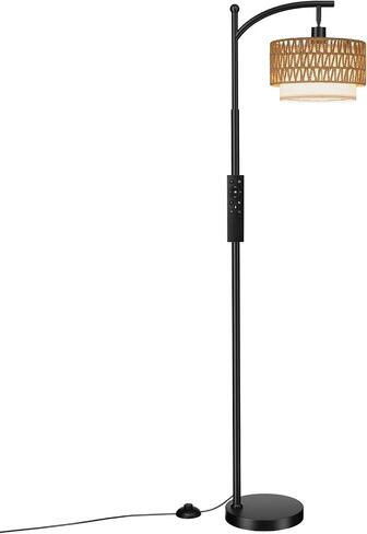 Ambimall Arc Floor Lamp for Living Room with Remote, Boho Standing Lamp with Rattan & Linen Shades, Color Temperature & Dimmable Bulb, Farmhouse Tall lamp for Bedroom, Office(Black) in Kuwait