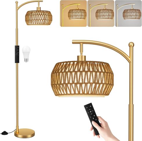 Ambimall Arc Floor Lamp for Living Room with Remote, Boho Standing Lamp with Rattan & Linen Shades, Color Temperature & Dimmable Bulb, Farmhouse Tall lamp for Bedroom, Office(Black) in Kuwait