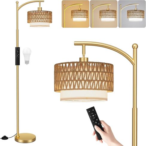 Ambimall Arc Floor Lamp for Living Room with Remote, Boho Standing Lamp with Rattan & Linen Shades, Color Temperature & Dimmable Bulb, Farmhouse Tall lamp for Bedroom, Office(Black) in Kuwait