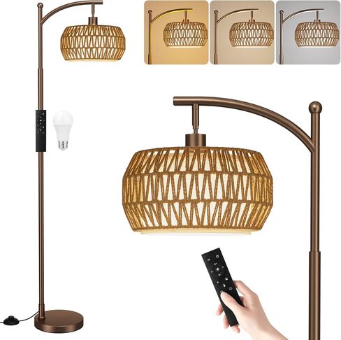 Ambimall Arc Floor Lamp for Living Room with Remote, Boho Standing Lamp with Rattan & Linen Shades, Color Temperature & Dimmable Bulb, Farmhouse Tall lamp for Bedroom, Office(Black) in Kuwait