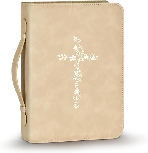 غطاء الكتاب المقدس للنساء، حقيبة كبيرة للكتاب المقدس مع حزام كتف - حقيبة حمل متينة من جلد البولي يوريثان، هدايا مسيحية للنساء والفتيات والمراهقين (بيج/ذهبي) in Kuwait