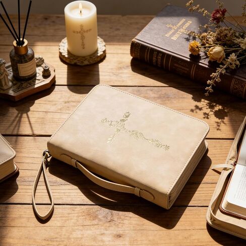 غطاء الكتاب المقدس للنساء، حقيبة كبيرة للكتاب المقدس مع حزام كتف - حقيبة حمل متينة من جلد البولي يوريثان، هدايا مسيحية للنساء والفتيات والمراهقين (بيج/ذهبي) in Kuwait