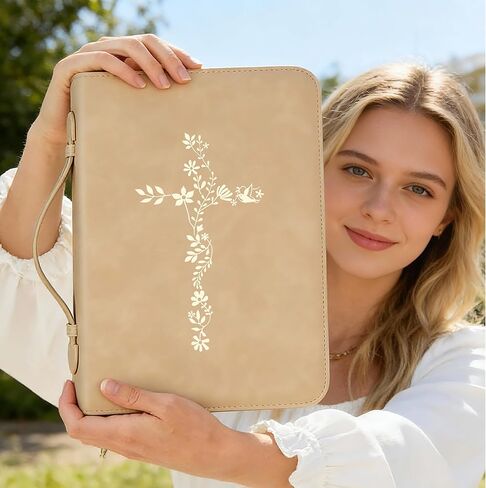 غطاء الكتاب المقدس للنساء، حقيبة كبيرة للكتاب المقدس مع حزام كتف - حقيبة حمل متينة من جلد البولي يوريثان، هدايا مسيحية للنساء والفتيات والمراهقين (بيج/ذهبي) in Kuwait