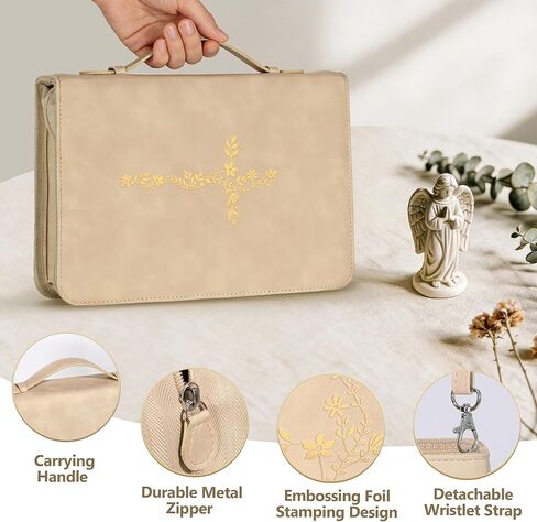 غطاء الكتاب المقدس للنساء، حقيبة كبيرة للكتاب المقدس مع حزام كتف - حقيبة حمل متينة من جلد البولي يوريثان، هدايا مسيحية للنساء والفتيات والمراهقين (بيج/ذهبي) in Kuwait