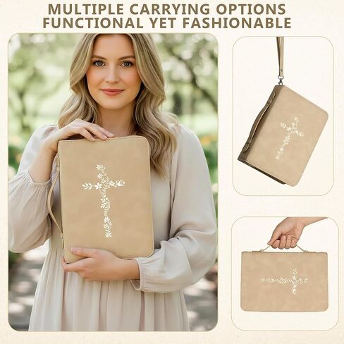 غطاء الكتاب المقدس للنساء، حقيبة كبيرة للكتاب المقدس مع حزام كتف - حقيبة حمل متينة من جلد البولي يوريثان، هدايا مسيحية للنساء والفتيات والمراهقين (بيج/ذهبي) in Kuwait